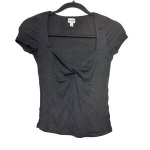 Sunday Best Black Square Neck Puff Sleeve Ruched Ribbed Tee Top Sz Small